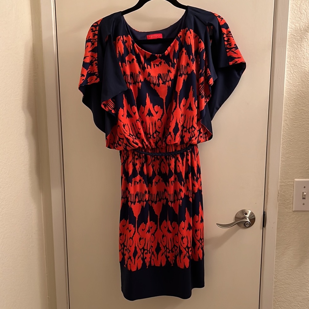 Signature by Sangria Navy and orange dress with braided belt
